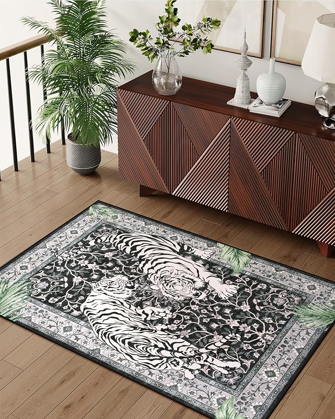 Moynesa Tiger Washable Rugs, 3x5 Entry Area Rugs, Non Slip Vintage Soft Living Room Carpet, Boho Low Pile Stain Resistant Indoor Throw Mat for Kitchen Bedroom Entrance, Black