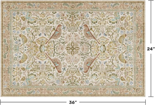 Beige Boho Bathroom Rugs 2x3 Washable Non Slip - Soft Low Pile Small Throw Rug for Entryway, Kitchen, Powder Room - Unique Farmhouse Bird & Pattern Botanical Decorative Door Mats