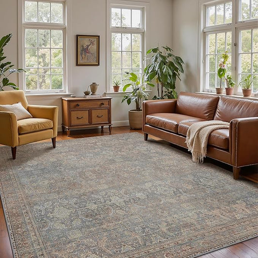 9x12 Area Rug Machine Washable Boho Rug for Living Room,Ultra-Thin Low Pile Carpet,Lightweight Indoor Printed Rug,Non Slip Floral Area Rug for Bedroom, Dining Room, Home Office,Grayish Blue