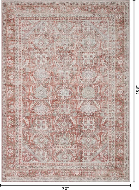 Kuden 6x9 Area Rug, Machine Washable Area Rug with Non-Slip Backing, Vintage Style, Soft, Easy Clean, Low Pile Rug for Living Room, Bedroom, Dining Room