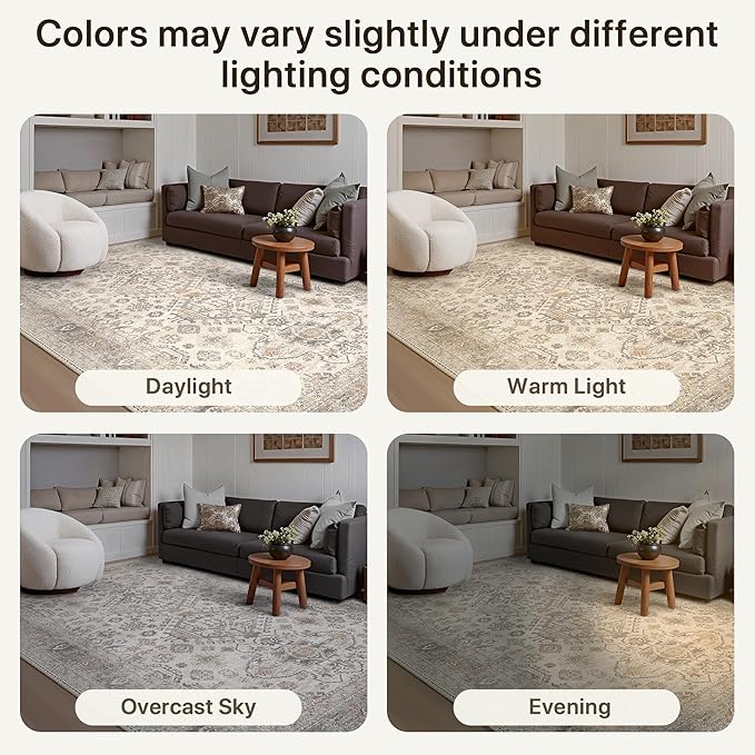 Bavni Washable Entry Rug 2x3, Non Slip Door Mat for Entryway or Kitchen, Vintage Print Low Pile Ultra Thin Indoor Rug, Light Taupe Brown