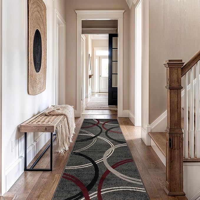 Rugshop Modern Wavy Circles Design Non-Shedding Runner Rug, Carpet for Hallway or Kitchen, Red, 2'7" x 8'