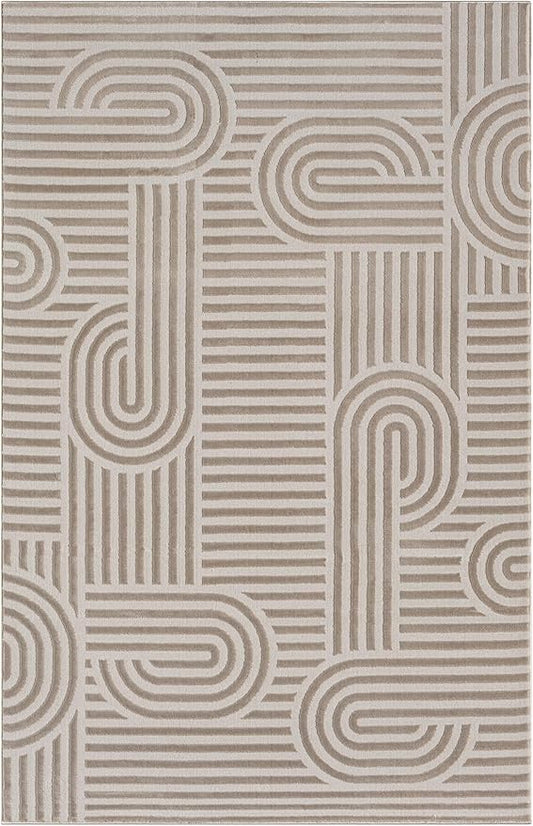 Annabel Modern Geometric Area Rug for Living Room, 4x6 Contemporary Arched Linear Beige Neutral Rug, Stain Resistant Non-Shedding Carpet for Bedroom, Dining Room or Kitchen (4' x 6', Beige)