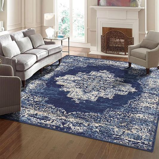 vivorug 6x9 Area Rugs, Ultra-Soft Washable Rug for Living Room Dinner Room Bedroom, Non-Slip Vintage Rug, Indoor Carpet Large Area Rug, Navy Blue