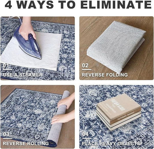 KILOCOCO Area Rug 3x5 Washable Entryway Rug Printed Vintage Floral Rubber Backed Non Slip Indoor Blue Kitchen Rugs for Living Room Laundry Room Playroom Mudroom Moroccan Area Rugs