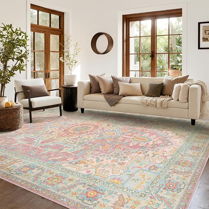 Kokia 5x7 Washable Area Rugs Pink Orange with Vintage Orient Design, Soft Rug for Living Room or Bedroom, Non-Slip Low Pile Stain Resistance Features, Distressed Medallion Pattern
