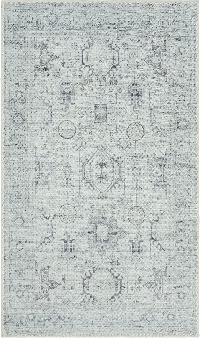 GLN Rugs Traditional Collection - Machine Washable Area Rug, Traditional Washable, Non Slip, Low Pile Chenille Rug, Living Room, Bedroom, Kitchen Rug (2'6" x 7' Cream/Gray/Sea Salt)