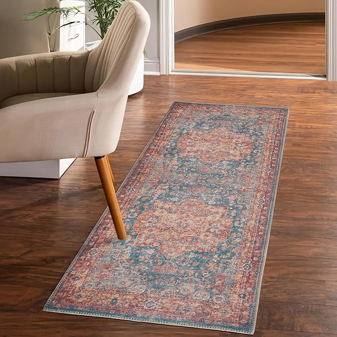 GLN Rugs Traditional Collection - Machine Washable Area Rug, Traditional Washable, Non Slip, Low Pile Chenille Rug, Living Room, Bedroom, Kitchen Rug (2'6" x 7' Terra/Green)