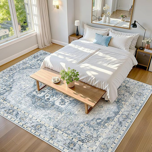 8x10 Area Rugs Washable Rugs for Living Room, Large Vintage Boho Rug Non-Slip Soft Floral Distressed Rug Low Pile Stain Resistant Carpet for Bedroom Nursery Office Dining Room Farmhouse(Blue, 8'x10')