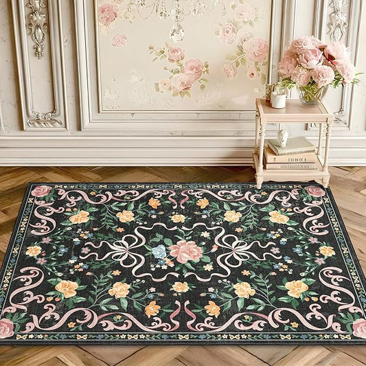 Black Rug Bow Floral Rug for Girls, 2x3 Washable Small Area Rug for for Entryway, Kitchen, Front Door Indoor Entrance, Non Slip Carpet for Bathroom Bedroom Living Room