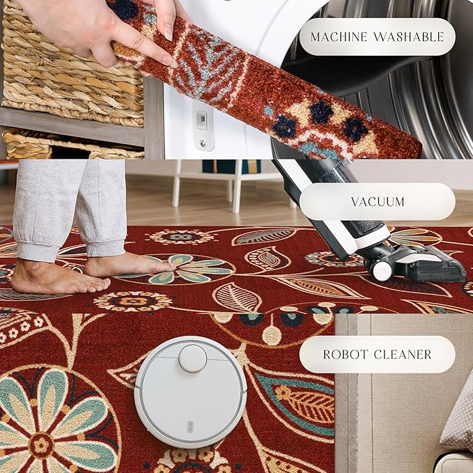 Maples Rugs Reggie Floral Runner Rug - Made in USA - Washable, Non Slip Indoor Carpet for Kitchen, Hallway, and Laundry Room, 2' x 7', Merlot
