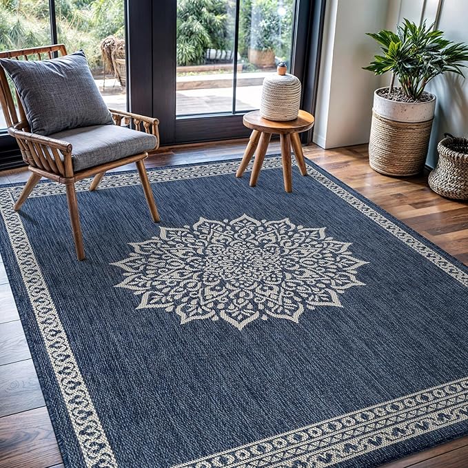 CAMILSON Outdoor Rug 6x9 Medallion Blue Modern Area Rugs for Indoor and Outdoor Patios Kitchen and Hallway Mats Washable Porch Deck Outside Carpet (Medallion Blue 6 x 9)