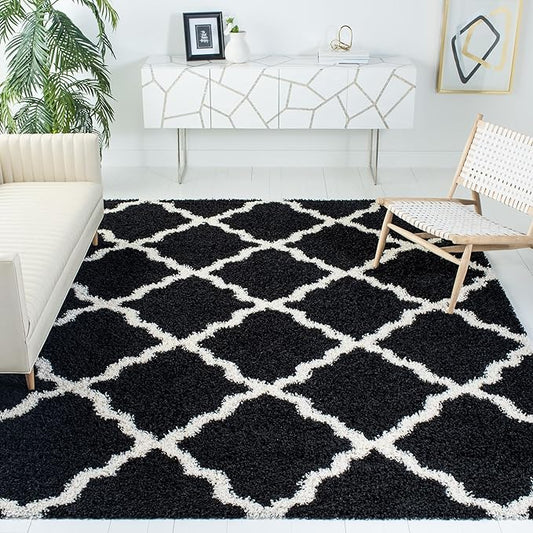 SAFAVIEH Dallas Shag Collection Area Rug - 8'6" x 12', Black & Ivory, Trellis Design, Non-Shedding & Easy Care, 1.5-inch Thick Ideal for High Traffic Areas in Living Room, Bedroom (SGD257Z)