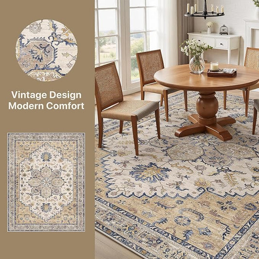 GENIMO 8X10 Area Rugs for Living Room, Machine Washable Vintage Floor Cover Foldable Modern Non Slip Rug, Low Pile Soft Indoor Carpet Floral Print Mat Rug,Bedroom/Dining Room/Home Office,Beige