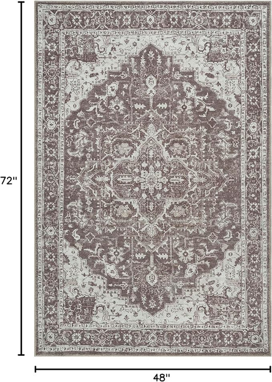 Bloom Rugs Washable Non-Slip 4' x 6' Rug - Dark Brown Traditional Medallion Area Rug for Living Room, Bedroom, Dining Room, and Kitchen - Exact Size: 4' x 6'