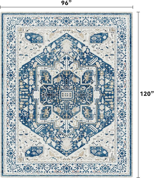 EnHomee 8x10 Area Rugs Washable for Bedroom, Boho Vintage Rugs, Foldable Area Rug for Dining Room, Non-Slip Soft Living Room Rug, Low Pile Large Carpet for Bathroom, Blue and White