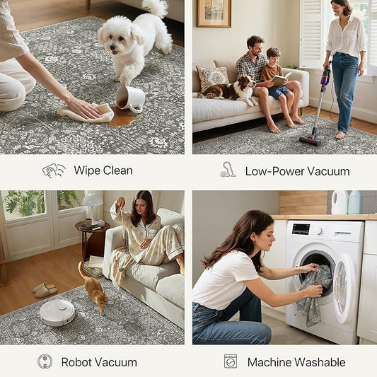 Bavni Area Rugs for Living Room, 5x7 Area Rugs Non-Slip Washable,Ultra-Thin Aesthetic Boho Rug for Bedroom Dinning Room Office, Gery