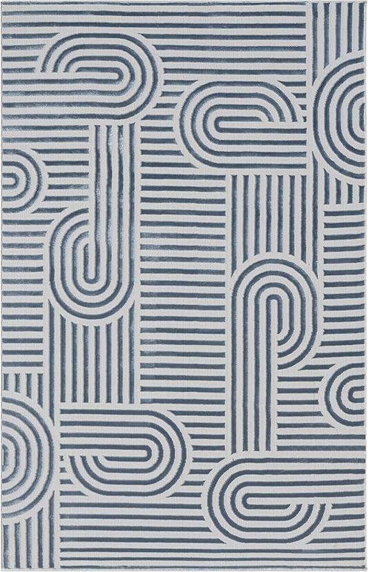 Annabel Modern Geometric Area Rug for Living Room, 4x6 Contemporary Arched and Linear Blue Rug, High-Low Pile Stain Resistant Carpet for Bedroom, Dining Room or Kitchen (4' x 6', Blue)