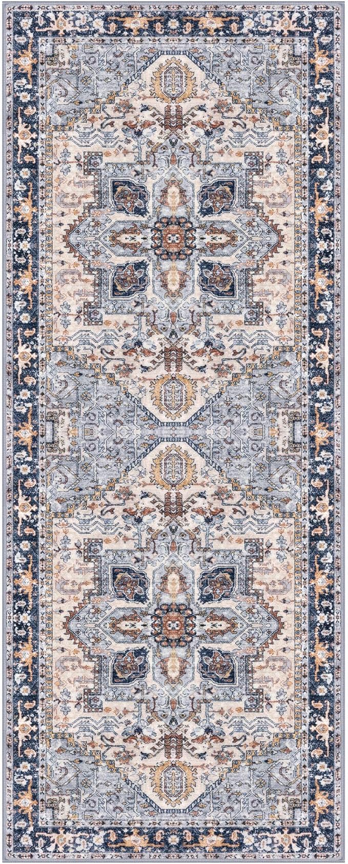KOZYFLY Runners for Hallways 2x6 Ft Washable Kitchen Runner Rug Boho Runner Rug for Entryway Indoor Printed Oriental Faux Wool Floor Carpet Runner for Bedroom Kitchen Hall, Blue Gray/Cream
