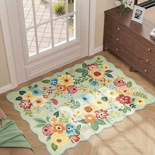 DUKINO 2x3 Entryway Rug, Floral Washable Indoor Door Mat with Non-Slip Backing, Soft Low Pile Small Front Door Throw Rugs for Entryway, Kitchen, Bedroom, Laundry, Bathroom, Green