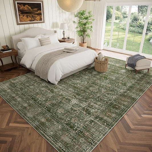 Washable 9x12 Area Rugs for Living Room, Boho Non-Slip Vintage Distress Lager Rugs for Bedroom Dining Room Nursery Office, 0.3" Neutral Oriental Throw Thin Carpet, Grass Green/Multi