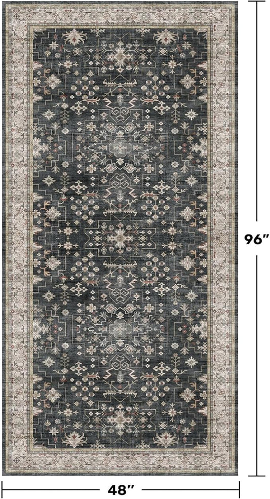 Washable 4x8 Hallway Runner Rug, Black Vintage 8ft Soft Runners for Entry Kitchen Non Slip Low Pile Thin Carpet for Living Room Bedroom Foyer