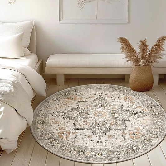 GENIMO 6FT Round Area Rugs for Living Room, Circle Rugs Machine Washable Low Pile, Chenille Non Slip Vintage Rug for Bedroom, Dining Room, Home Office, Light Taupe Brown