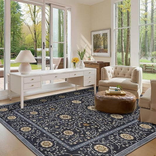 GarveeHome Boho 5x7 Area Rug for Bedroom, Floral Vintage Rugs for Living Room with Soft Low Pile, Non Slip Botanical Washable Rugs 5x7 for Dining Room Blue Carpet for Entryway Dorm Office Playroom