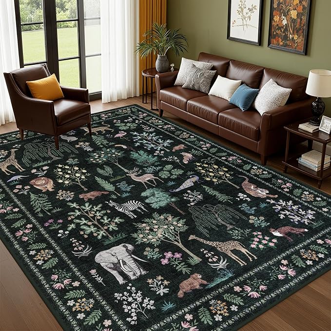 5x7 Area Rugs Living Room Rug: Vintage Washable Rug Floral Soft Carpet Indoor Floor Non-Slip Boho Stain Resistant Large Carpets for Bedroom Kids Nursery Dining Room Farmhouse Home Office Green