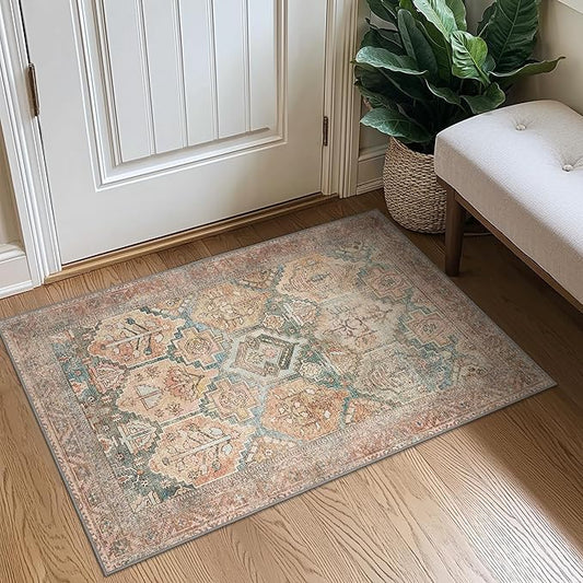 Bavni 2x3 Entryway Rug Bathroom Rugs for Front Door Bedroom Bathroom Kitchen, Washable Vintage Print Carpet, Ultra-Thin Chenille Lightweight Rug with Non Slip Backing, Clay