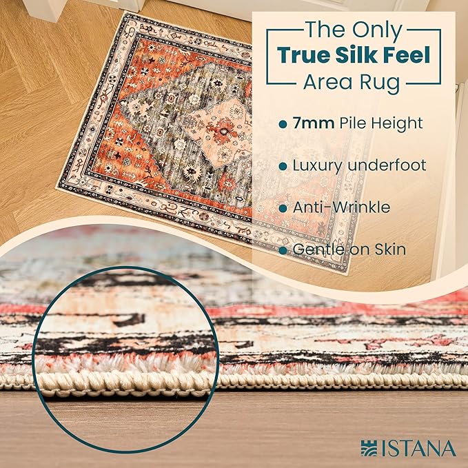 Istana Area Rug 2x4 - Red & Teal 2x4 Washable Rug Non Slip - Pet Friendly Living Room Rug - Non Shedding Washable Rugs for Bedroom - Foldable Bathroom Rugs