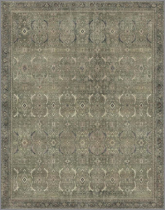 8x10 Area Rug Machine Washable Boho Rug for Living Room,Ultra-Thin Low Pile Carpet,Lightweight Indoor Printed Rug,Non Slip Floral Area Rug for Bedroom, Dining Room, Home Office,Muted Green