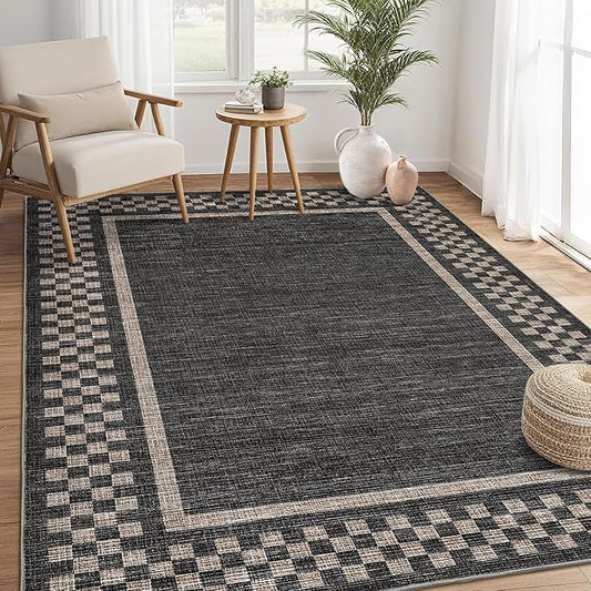 GarveeHome Modern Bordered 9x12 Area Rugs for Living Room Bedroom Soft Washable Large Bedroom Throw Carpet Non Slip Checkered Geometric Rugs for Dining Room Home Decor Office, Black