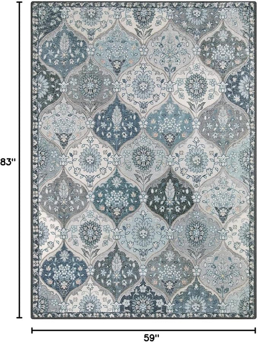 Lahome Moroccan Trellis Washable Area Rug, 5x7 Rugs for Living Room Bedroom, Indoor Non-Slip Oriental Accent Throw Large Carpet for Kitchen Entryway Bathroom Office, Blue