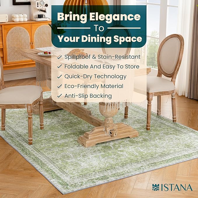 Istana 6x9 Area Rug - Light Green Rugs for Living Room 6x9 - Foldable Boho Rugs for Bedroom - Stain Resistant Washable Rug - Eco-Friendly Area Rugs - Easy to Clean Living Room Rug