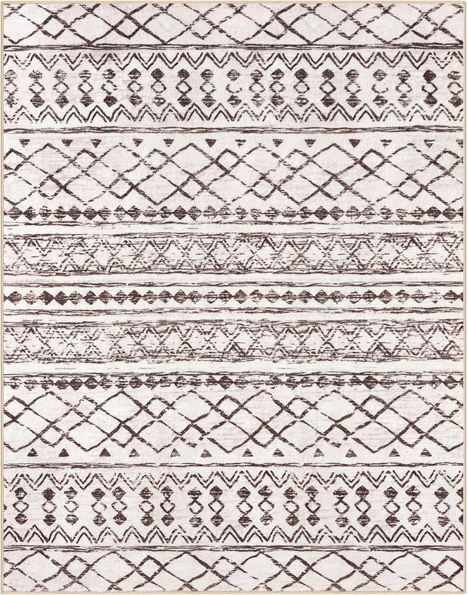 KUTA Boho Living Room Rug 8x10, Moroccan Brown Cream Washable Area Rugs 8x10 Non Slip, Ultra Soft Print Distressed Geometric Low-Pile Throw Carpet for Bedroom Nursery Dorm Decor