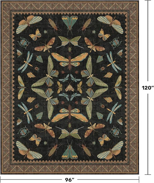 Black Washable Insect Area Rugs 8x10 for Living Room, Bedroom, Dining Room Under Table, Playroom, Large Dark Whimsical Boho Indoor Rug, Ultra Soft Low Pile Non Slip