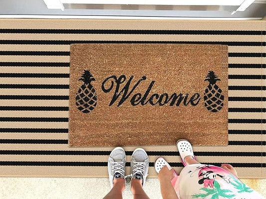 KOZYFLY 3'x5' Cotton Area Rug, Brown and Black Striped Outdoor Rug, Hand-Woven, Machine Washable, Perfect for Front Door, Kitchen, Living Room