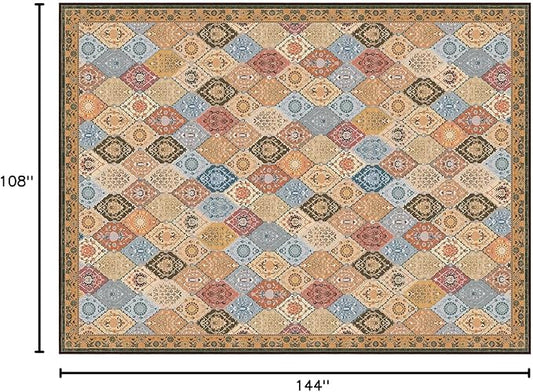 Phantoscope Washable Area Rug 9'x12' Non-Slip, Vintage Boho Rugs for Living Room, Bedroom, Dining Room, Distressed Moroccan Mosaic Diamond Pattern, Low-Pile Foldable Floor Carpet, Terracotta/Rust