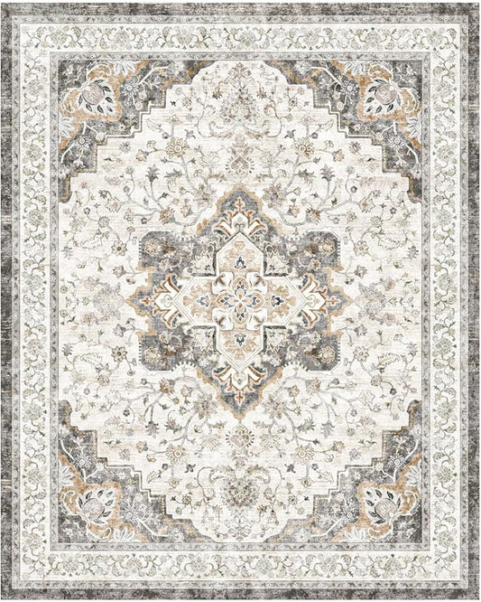 Marsail 8x10 Washable Area Rug, Soft & Slip-Resistant Large Area Rug with Reinforced Bound Edges, Vintage Short-Pile Washable Rug with Floral Pattern for Living Room, Dinning Room and Bedroom, Brown