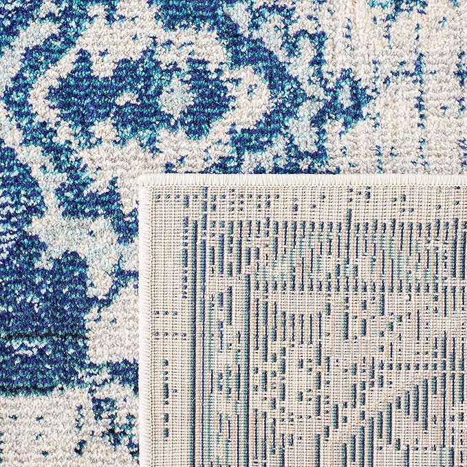 SAFAVIEH Monaco Collection Area Rug - 6'7" Square, Ivory & Blue, Boho Chic Medallion Distressed Design, Non-Shedding & Easy Care, Ideal for High Traffic Areas in Living Room, Bedroom (MNC243A)