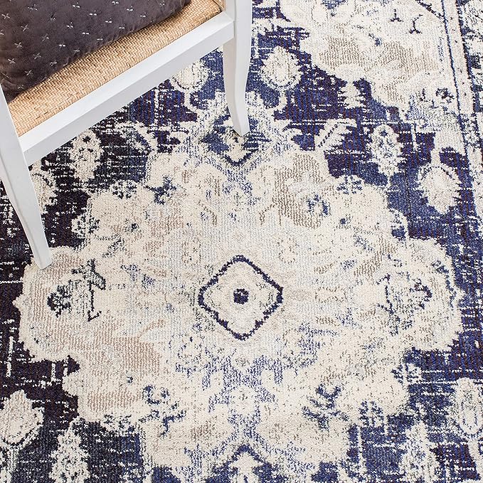 SAFAVIEH Monaco Collection 6'7" x 9'2" IvoryNavy MNC243C Boho Chic Medallion Distressed Non-Shedding Living Room Dining Bedroom Area Rug