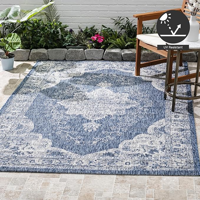 FH Home Outdoor Rug - Waterproof Easy to Clean Stain Resistant - Patio Indoor Outdoor Porch Deck Balcony Entryway - Vintage Distressed - Gorgan - Blue - 5ft 2in x 7ft 6in