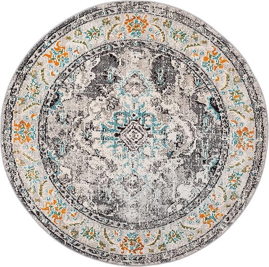 SAFAVIEH Monaco Collection Area Rug - 8'8" Round, Grey & Light Blue, Boho Chic Medallion Distressed Design, Non-Shedding & Easy Care, Ideal for High Traffic Areas in Living Room, Bedroom (MNC243G)