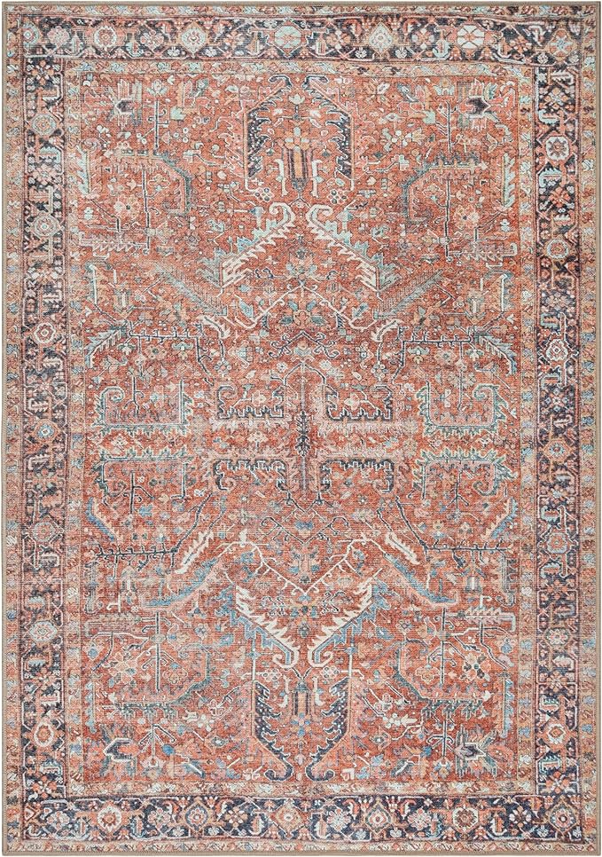 GLN Rugs Traditional Collection - Machine Washable Area Rug, Traditional Washable, Non Slip, Low Pile Chenille Rug, Living Room, Bedroom, Kitchen Rug (5' x 7' Terra/Multicolor 1168)