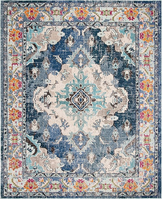 SAFAVIEH Monaco Collection X-Large Area Rug - 12' x 18', Navy & Light Blue, Medallion Distressed Design, Non-Shedding & Easy Care, Ideal for High Traffic Areas in Living Room, Bedroom (MNC243N)
