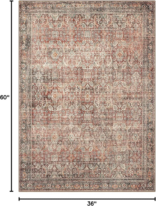 3x5 Area Rug Machine Washable Boho Rug for Living Room,Ultra-Thin Low Pile Carpet,Lightweight Indoor Printed Rug,Non Slip Floral Area Rug for Bedroom, Dining Room, Home Office,Terracotta/Indigo