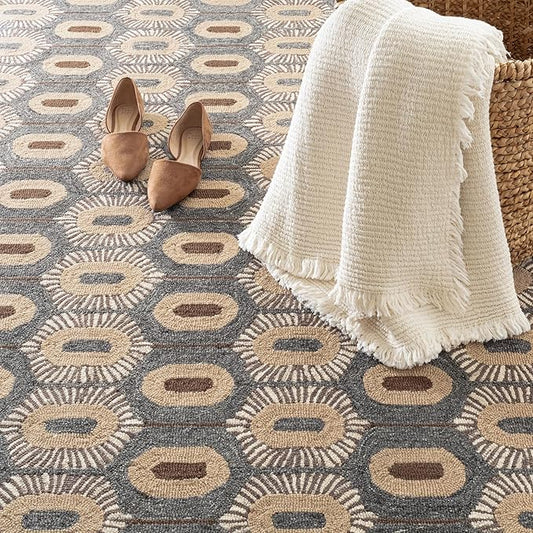 Dash & Albert Stowe Hand Micro Hooked Wool Rug, 3 X 5 Feet, Blue/Browns Geometric Pattern