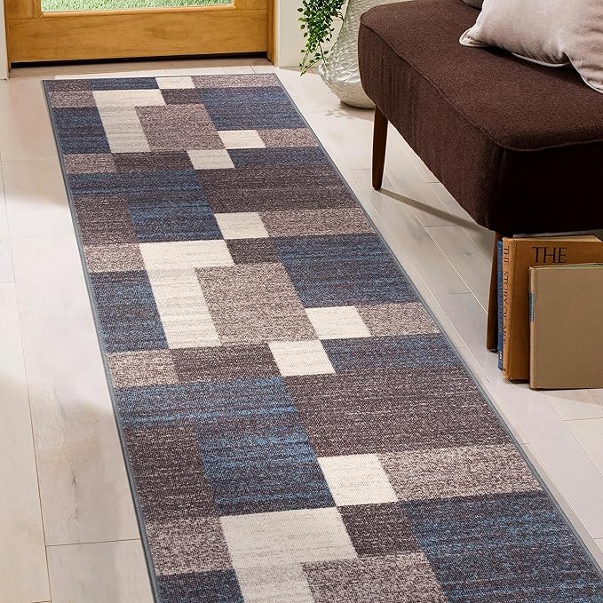 Rugshop Geometric Modern Boxes Design Non-Slip (Non-Skid) Carpet for Hallway,Kitchen,Entryway Runner Rug 2'7" x 6' Blue