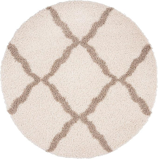 SAFAVIEH Dallas Shag Collection Area Rug - 4' Round, Ivory & Beige, Trellis Design, Non-Shedding & Easy Care, 1.5-inch Thick Ideal for High Traffic Areas in Living Room, Bedroom (SGD257B)